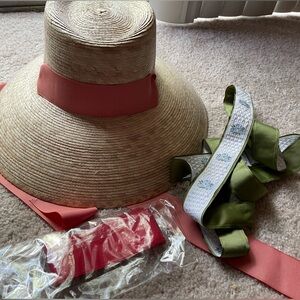Sarah Bray Bermuda Straw Hat with Pink, Red, and Green Ribbons interchangeable